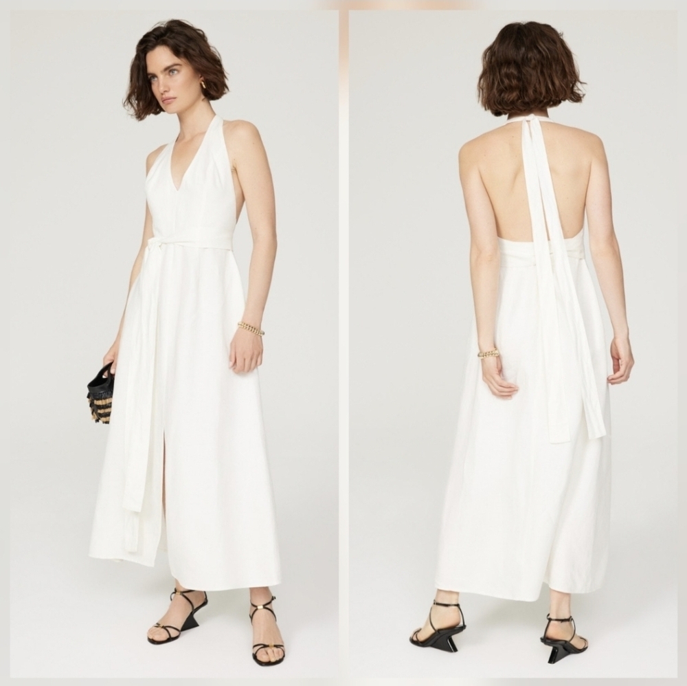 Saunders White Halter Maxi In White Linen Blend Sleeveless Halter Neck Size 4